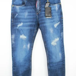 Jean Premium de alta calidad para hombre, corte moderno, color azul medio con destroyer en ambas piernas y manchas de pintura