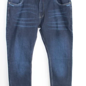 Jean Premium de alta calidad para hombre, corte moderno, color azul oscuro con bigotes y diseño sublimado en bolsillo trasero