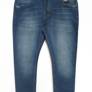 Jean Premium de alta calidad para hombre, corte moderno, color azul medio, con bigotes y sublimado en bolsillo trasero