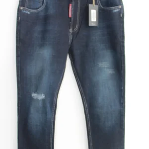 Jean Premium de alta calidad para hombre, corte moderno, color azul oscuro con desgastes, destroyer en pierna derecha, bordado en parte trasera