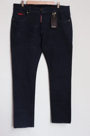 Jean Premium de alta calidad para hombre, corte moderno, color azul oscuro clásico con efecto corrugado, bordado en monedero y bolsillo trasero