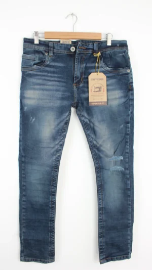 Jean Premium de alta calidad para hombre, corte moderno, color azul medio con desgastes, nips y destroyer
