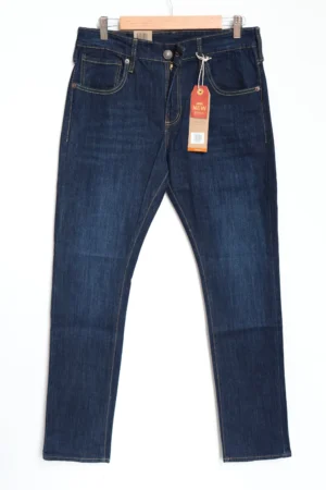 Jean Premium de alta calidad para hombre, corte moderno, color azul oscuro clásico con bigotes, pines y botón contramarcado