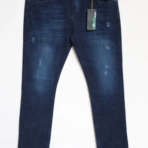 Jean Premium de alta calidad para hombre, corte moderno, color azul oscuro con desgastes, nips, monedero y bolsillo trasero bordado, pines y botón contramarcado