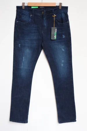 Jean Premium de alta calidad para hombre, corte moderno, color azul oscuro con desgastes, nips, monedero y bolsillo trasero bordado, pines y botón contramarcado