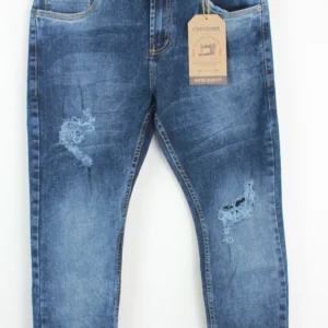 Jean Premium de alta calidad para hombre, corte moderno, color azul medio con efecto nevado, destroyer, pines y botón contramarcado