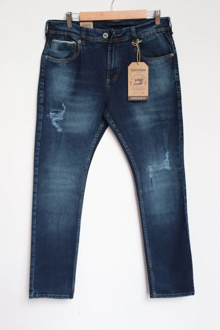 Jean Premium de alta calidad para hombre, corte moderno, color azul oscuro con bigotes, destroyer, pines y botón contramarcado