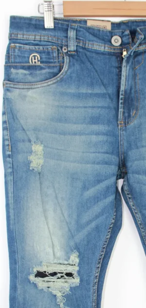 Jean Premium de alta calidad para hombre, corte moderno, color azul claro con bigotes, destroyer, monedero bordado, pines y botón contramarcado