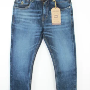 Jean Premium de alta calidad para hombre, corte moderno, color azul medio con bigotes, monedero bordado, pines y botón contramarcado